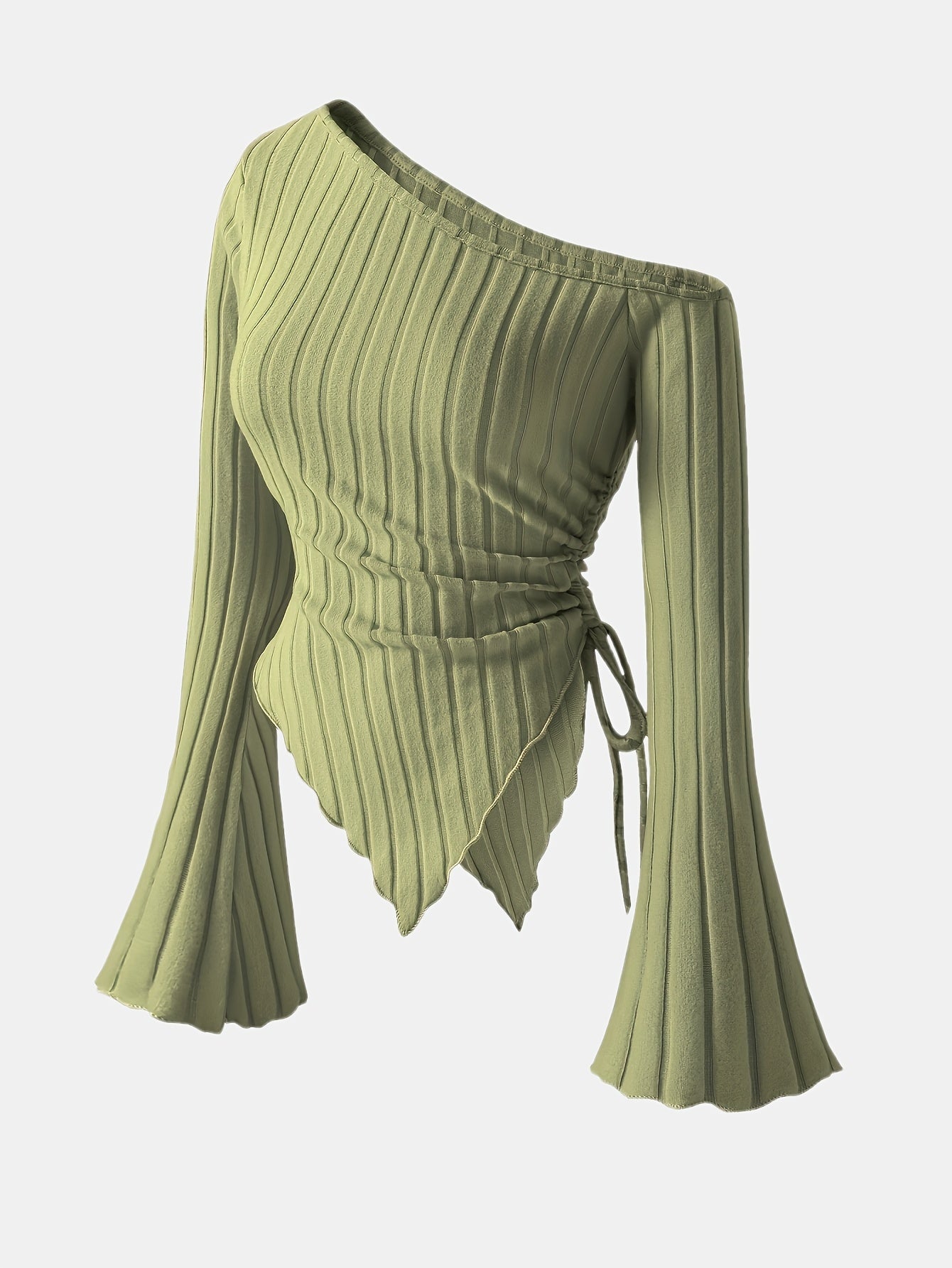 Women's Elegant Off-Shoulder Bell Sleeve T-Shirt - Asymmetrical Ribbed Top with Exposed Shoulder Design, Lightweight 3-Season Machine-Washable Solid Color Blouse for Casual & Formal Wear, Spring Summer Top, Bell Sleeve Design