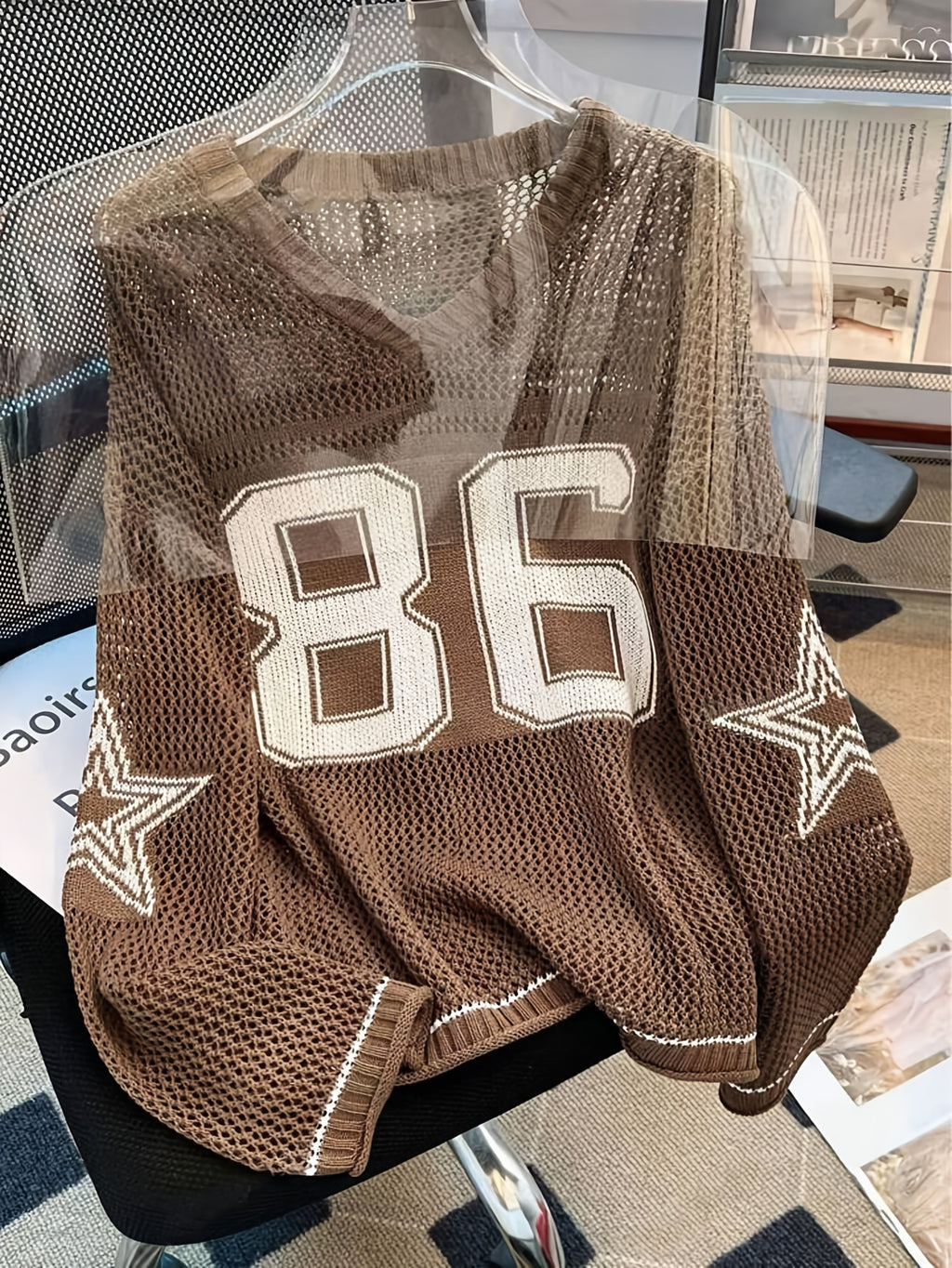 2025 New American Retro Style Solid Color V-neck Sweater | Star Print, Loose-Fit, Sun-Protective Pullover