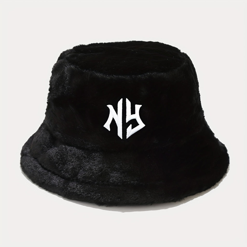 1pc Women's Embroidered Bucket Hat Unisex Warm Plush Sun Hat Men's Outdoor Fashion Trends Vacation Travel Foldable Fisherman Cap for Autumn Winter