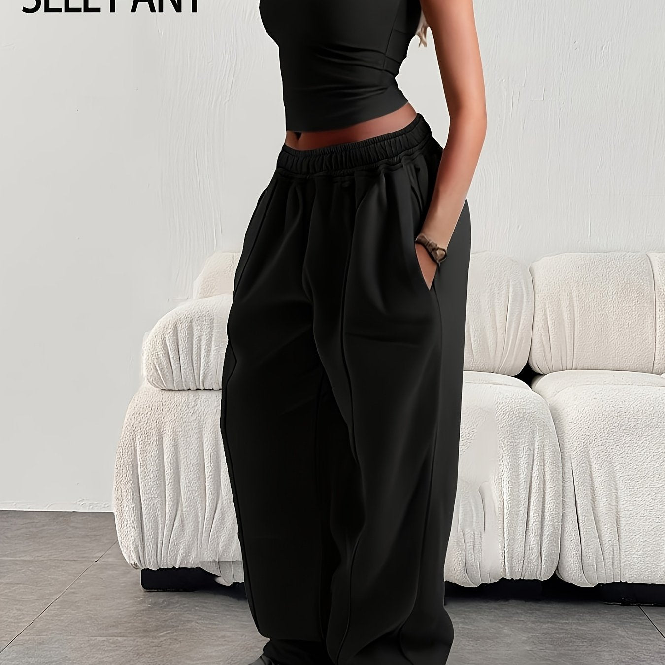 Women'S Casual Loose-Fitting Solid Color Elastic Waist Sports Pants