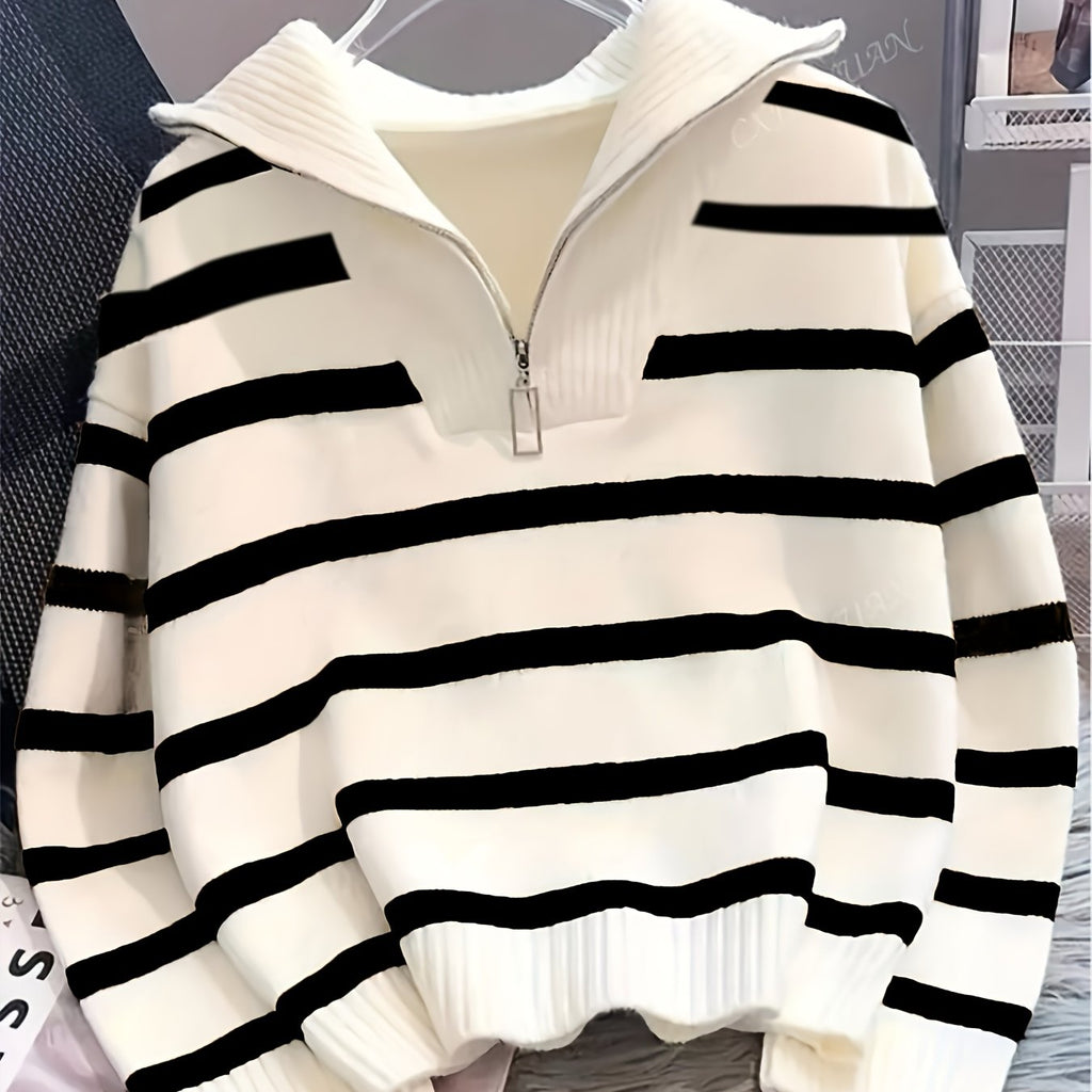 Women's Elegant Striped Sweater - Loose Fit Zippered Front High Neck Pullover, Medium Stretch Opaque Fall Winter Sweating-Looking Suitable for Daily or Formal Wear