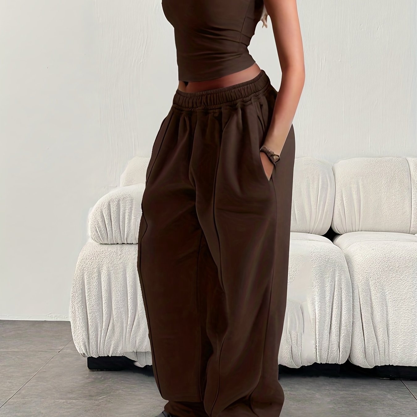 Women'S Casual Loose-Fitting Solid Color Elastic Waist Sports Pants