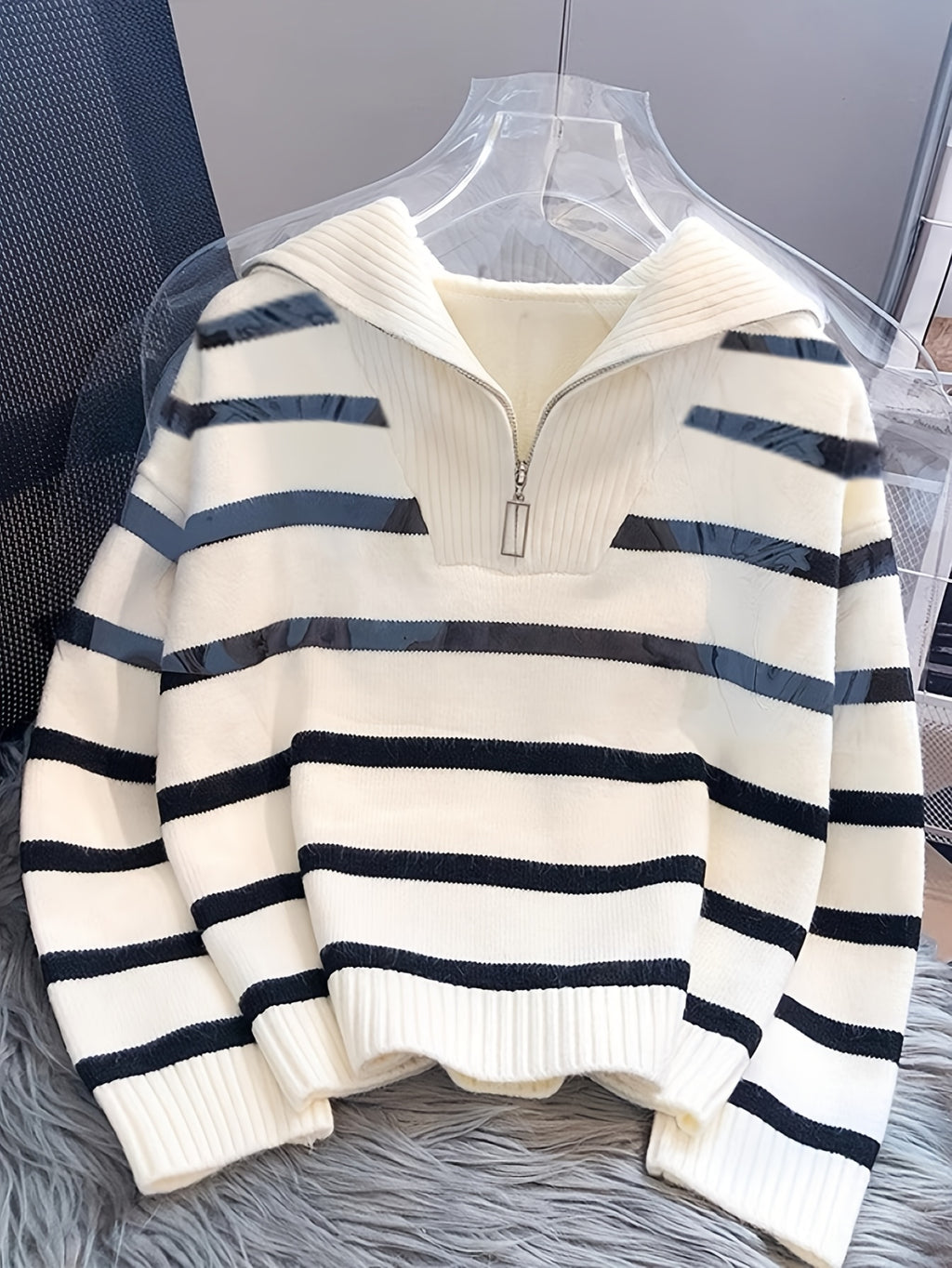 Women's Elegant Striped Sweater - Loose Fit Zippered Front High Neck Pullover, Medium Stretch Opaque Fall Winter Sweating-Looking Suitable for Daily or Formal Wear