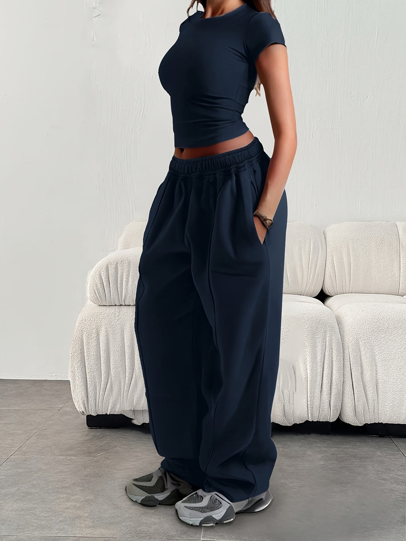 Women'S Casual Loose-Fitting Solid Color Elastic Waist Sports Pants