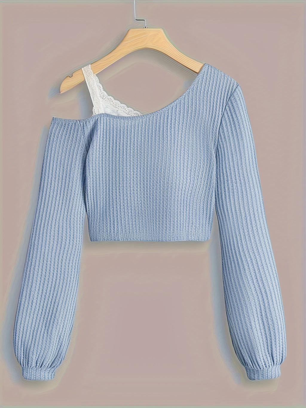 Spring and Autumn Lace Strapless Off-Shoulder Slant Collar T-shirt