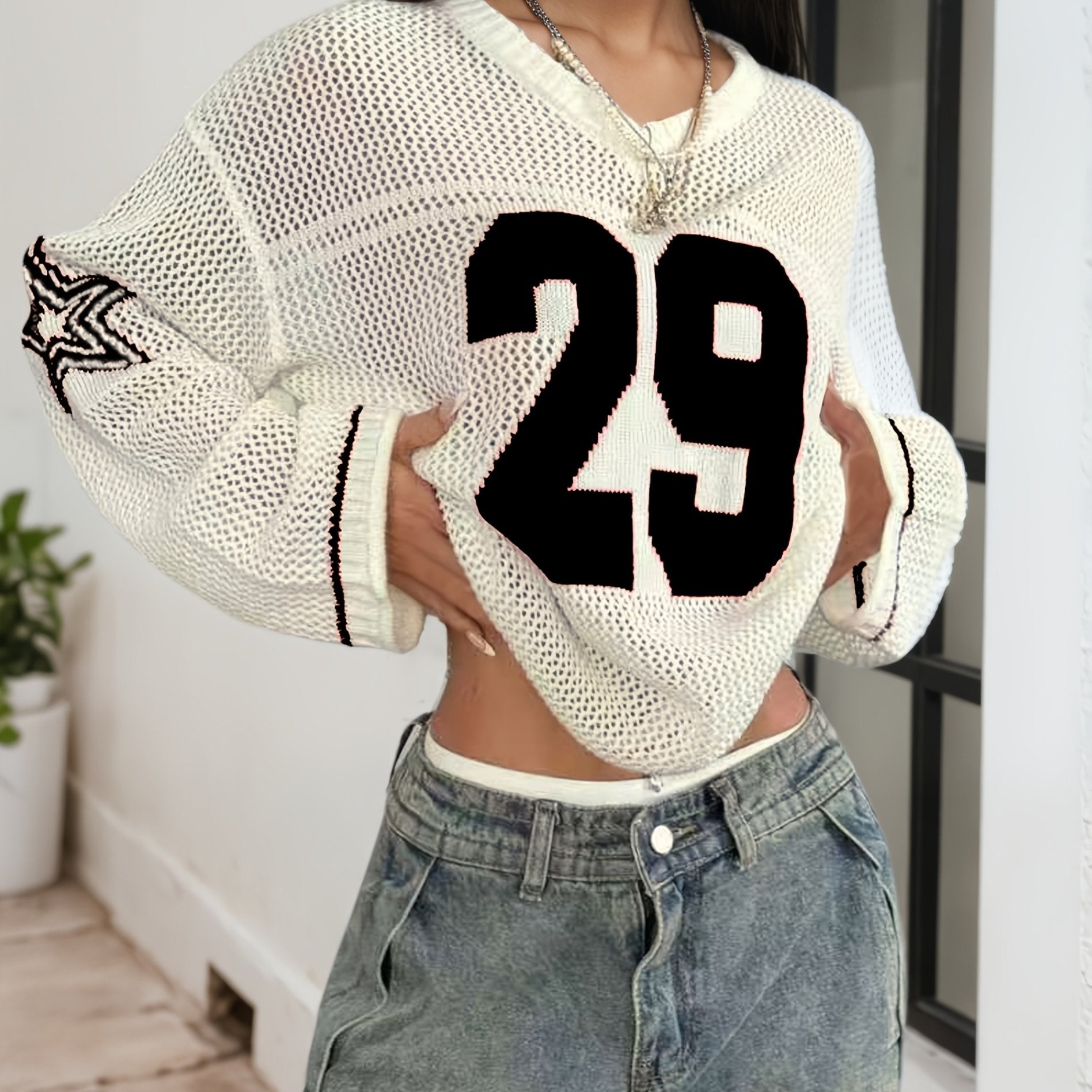 Women's Pullover V-neck Long-sleeve Shirt; 29 Letters