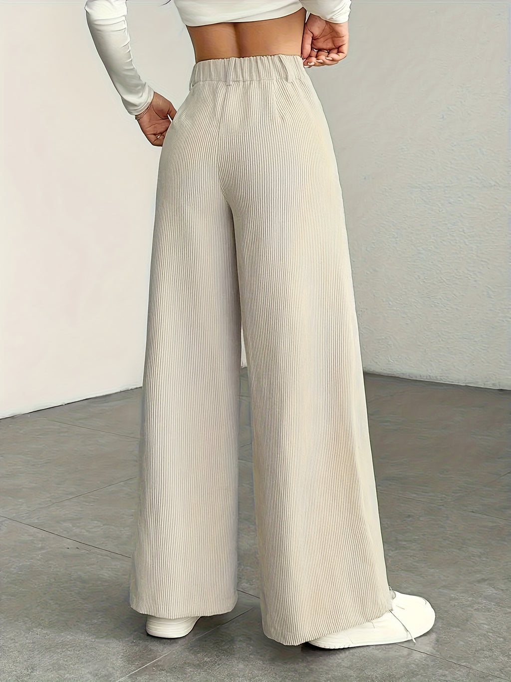 Women's High-Waisted Wide-Leg Pants - Corduroy Texture Casual Long Pants, All-Season Comfort, Machine Washable Beige Trousers