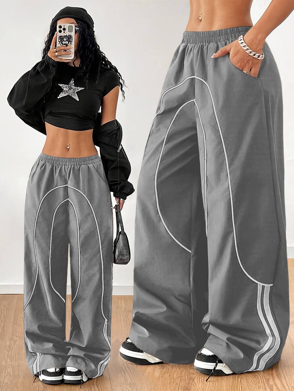 2025 New Fashion for : Back to Braided Belt, Black Wide-Leg Jogging Pants, Celebrity Style Hot Item