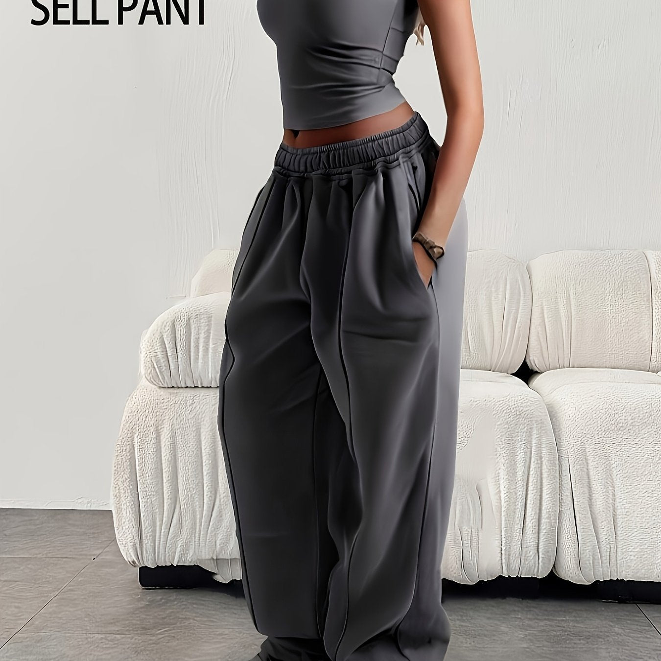 Women'S Casual Loose-Fitting Solid Color Elastic Waist Sports Pants