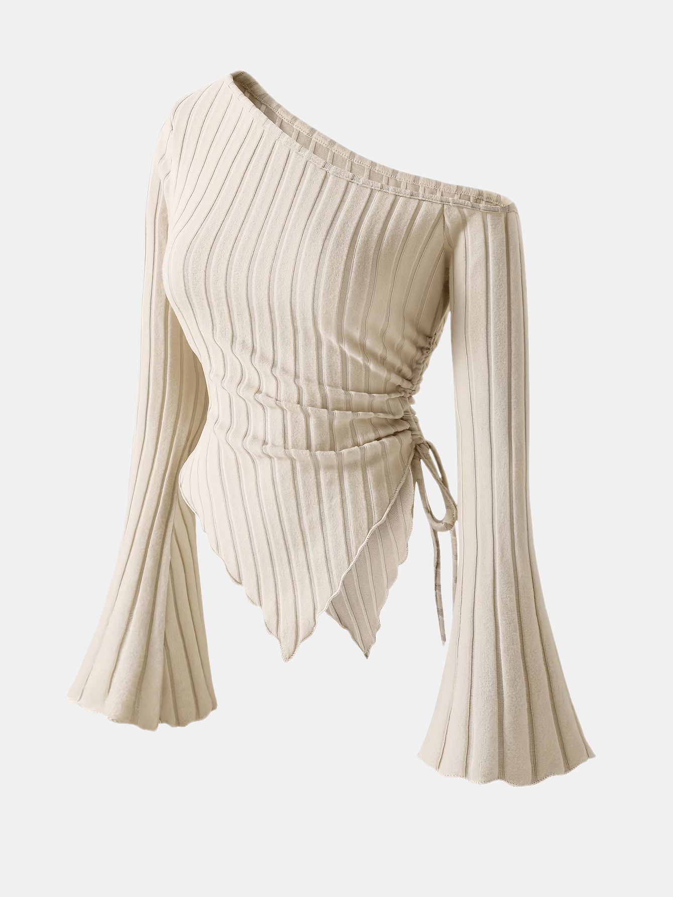 Women's Elegant Off-Shoulder Bell Sleeve T-Shirt - Asymmetrical Ribbed Top with Exposed Shoulder Design, Lightweight 3-Season Machine-Washable Solid Color Blouse for Casual & Formal Wear, Spring Summer Top, Bell Sleeve Design