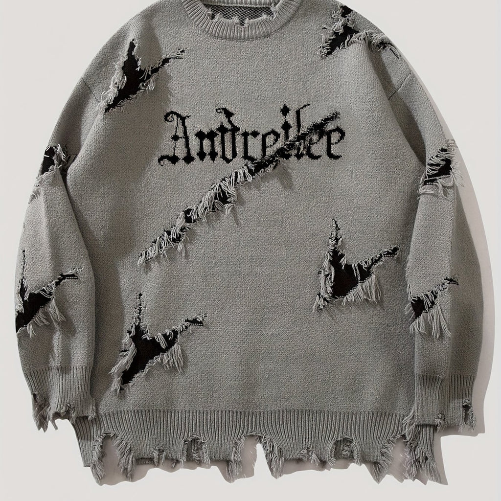 Men'S Oversized Knit Sweater - Loose Fit Drop Shoulder Pullover with Andrii Lettering, Dark Green Streetwear Sweater for Fall/Winter, Non-Bulky Casual Sweater for Everyday & Formal Outfits, Sweater, Fall Winter Apparel, Distr