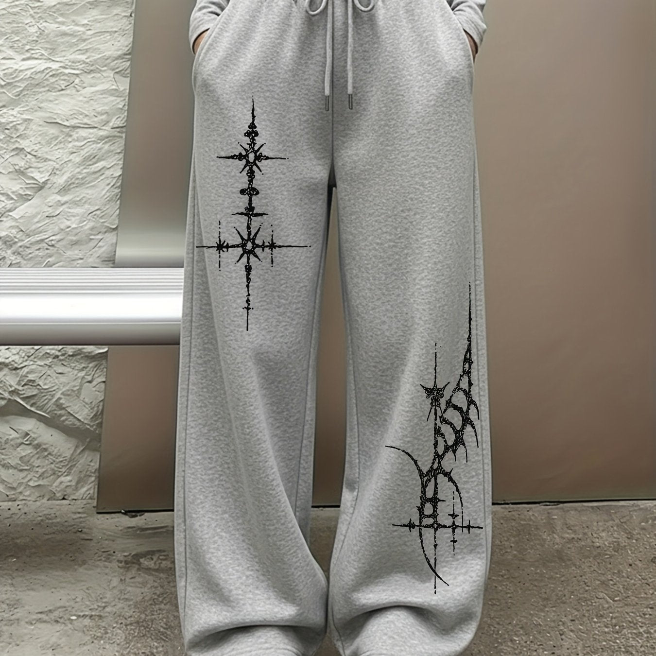 Mysterious Symbols Gothic Style Casual Sports Pants with Drawstring Elastic Waist, American Casual Trend, Women's Straight-Leg Pants