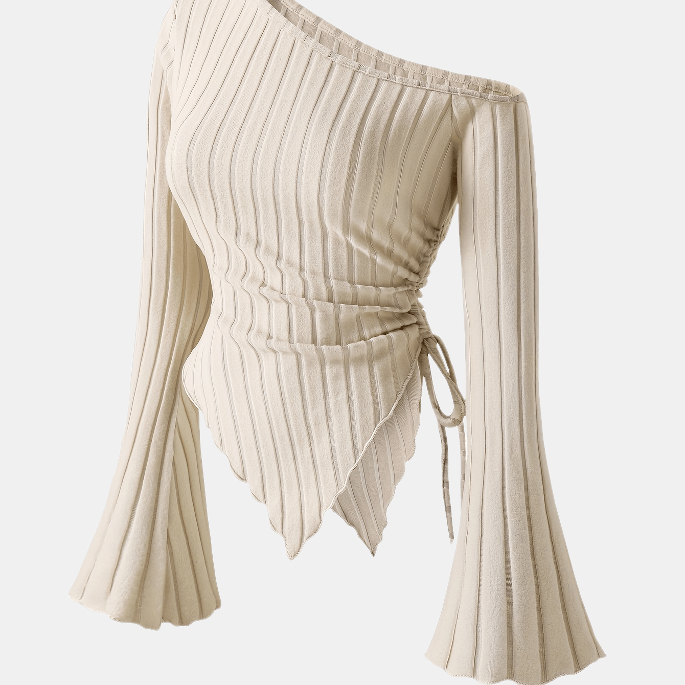 Women's Elegant Off-Shoulder Bell Sleeve T-Shirt - Asymmetrical Ribbed Top with Exposed Shoulder Design, Lightweight 3-Season Machine-Washable Solid Color Blouse for Casual & Formal Wear, Spring Summer Top, Bell Sleeve Design