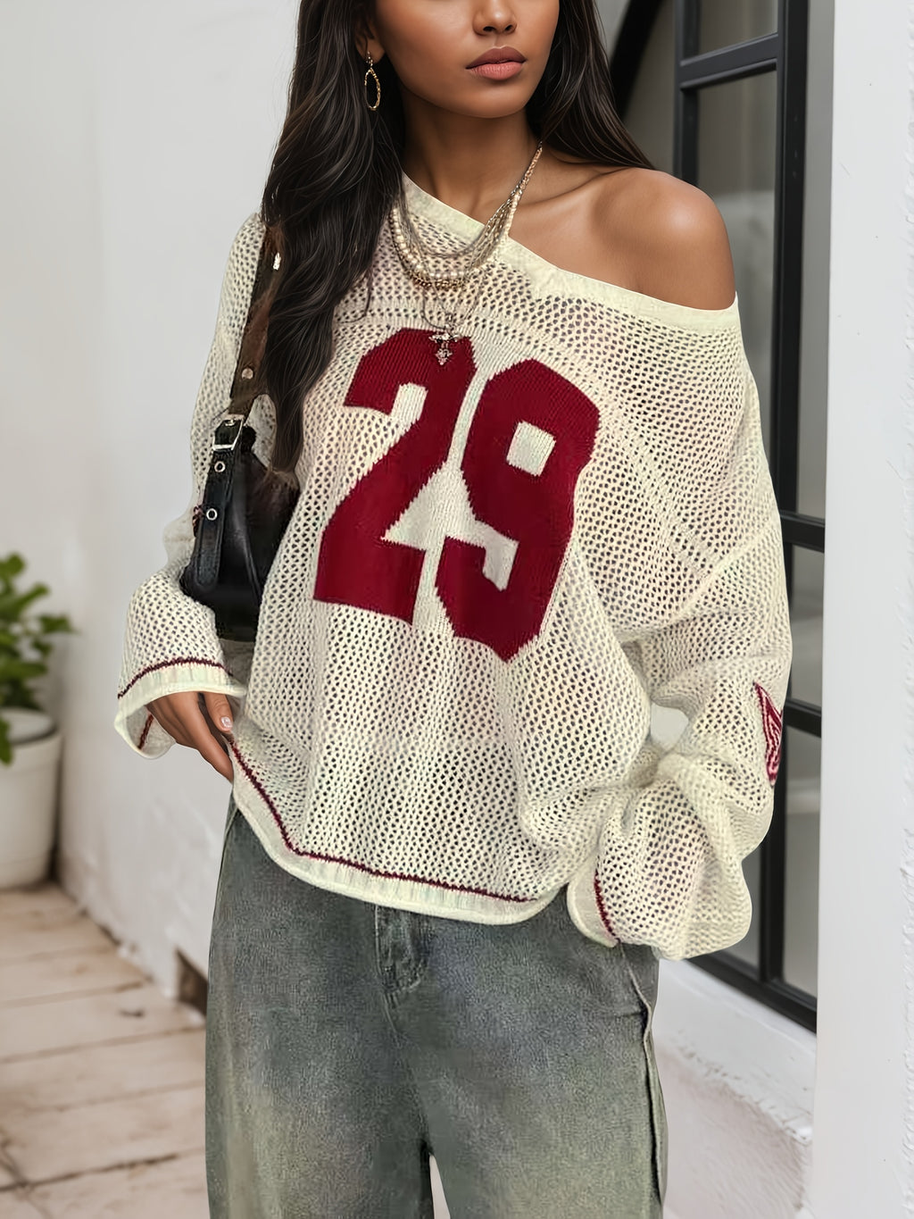 Women's Pullover V-neck Long-sleeve Shirt; 29 Letters