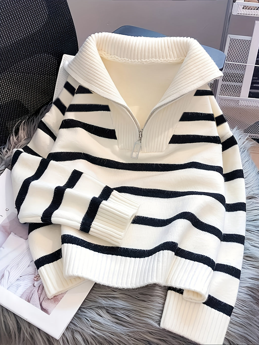 Women's Elegant Striped Sweater - Loose Fit Zippered Front High Neck Pullover, Medium Stretch Opaque Fall Winter Sweating-Looking Suitable for Daily or Formal Wear