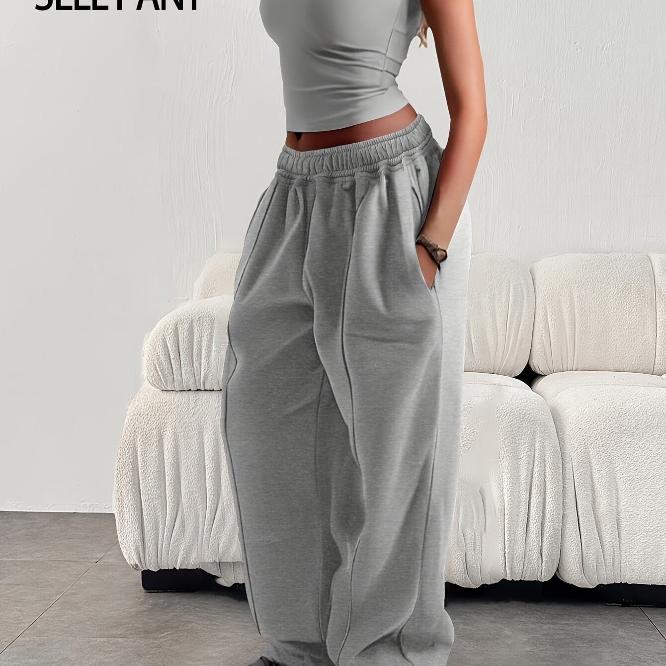 Women'S Casual Loose-Fitting Solid Color Elastic Waist Sports Pants