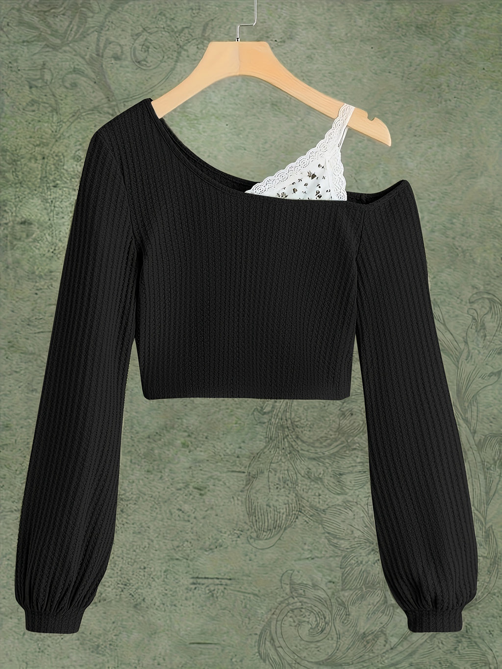 Spring and Autumn Lace Strapless Off-Shoulder Slant Collar T-shirt