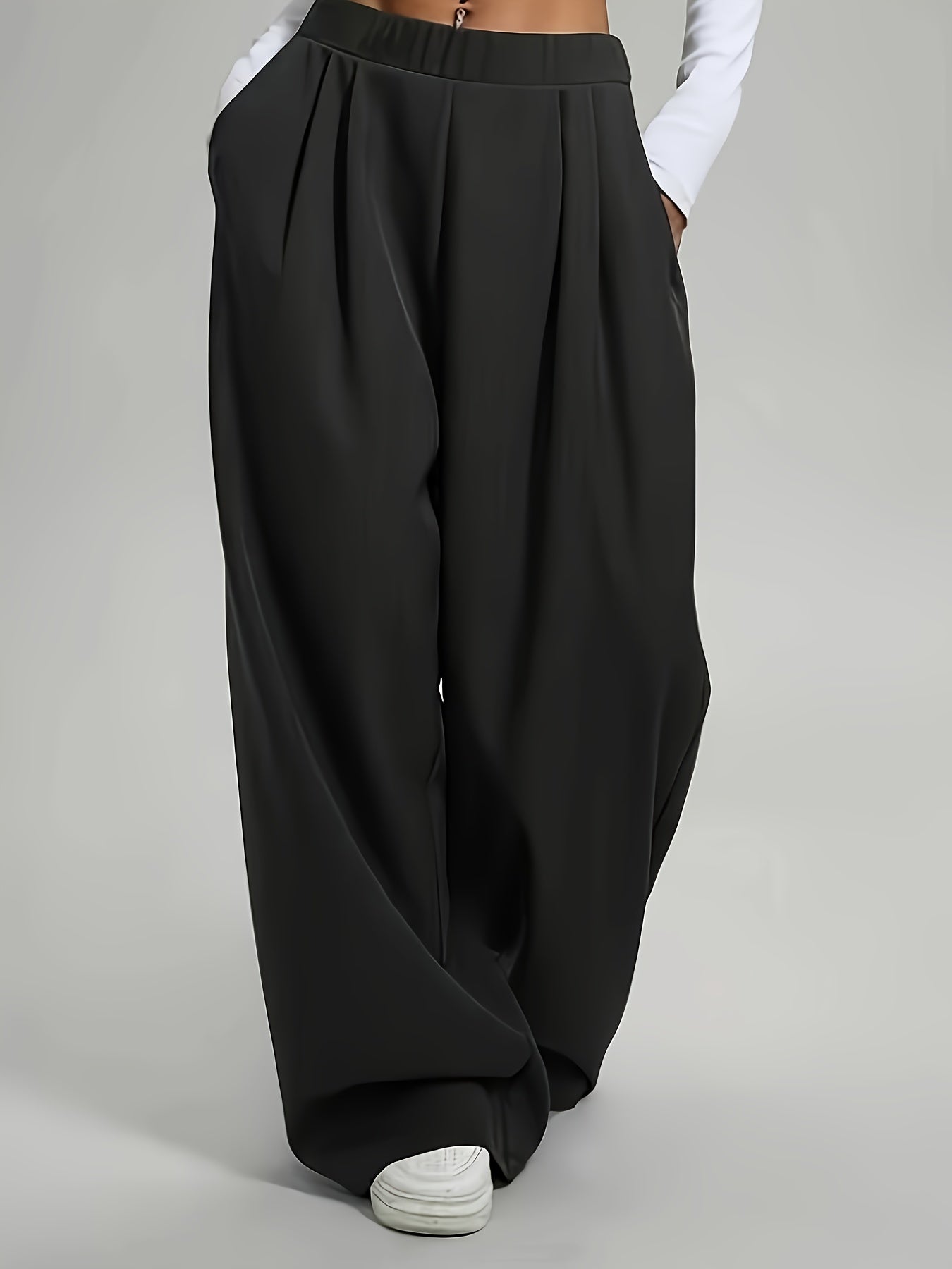 Elegant High-Waist Wide-Leg Pants | Solid Color, Long Length, Elastic Waist, Pocket Details, Suitable for All Seasons and Weekend Casual