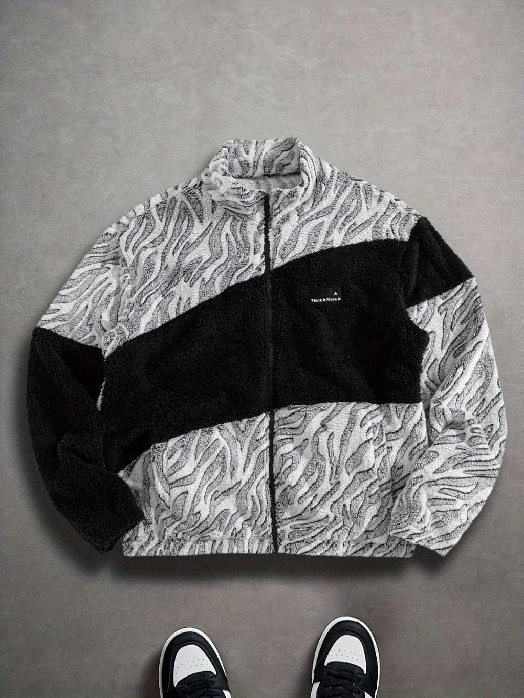 Christmas Gifts for Men Include a Trendy Black Plush Jacket with a Zip-Up Collar And Double Pockets, Featuring a Striking Zebra Pattern. The Fabric Is Thick, Warm, Soft, And Comfortable, Perfect for Everyday Outings, Commutin