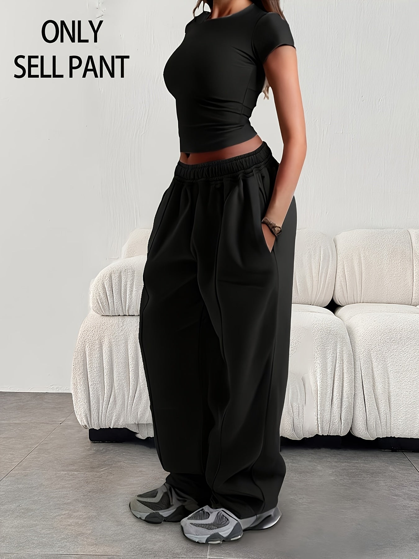 Women'S Casual Loose-Fitting Solid Color Elastic Waist Sports Pants