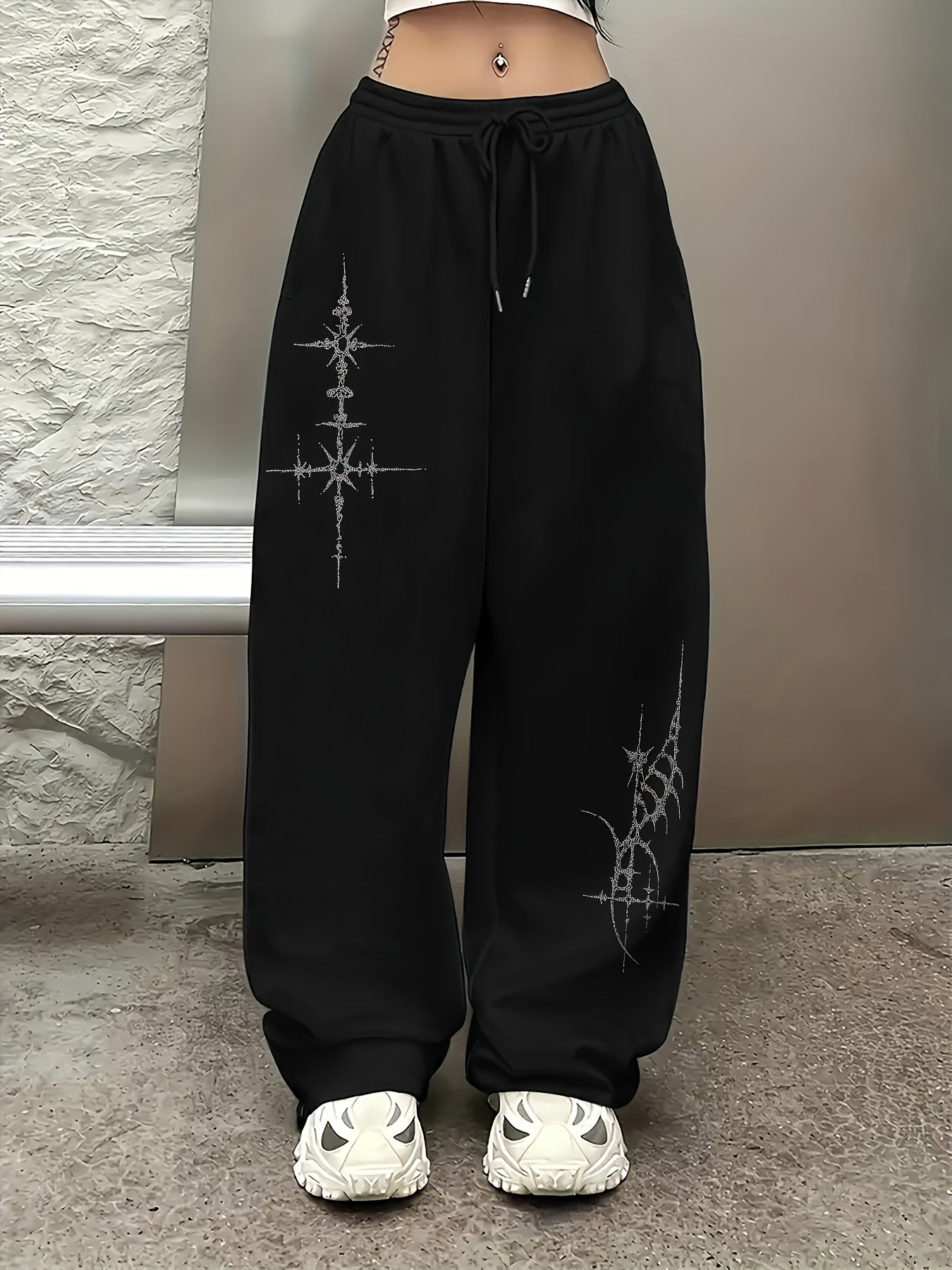 Mysterious Symbols Gothic Style Casual Sports Pants with Drawstring Elastic Waist, American Casual Trend, Women's Straight-Leg Pants