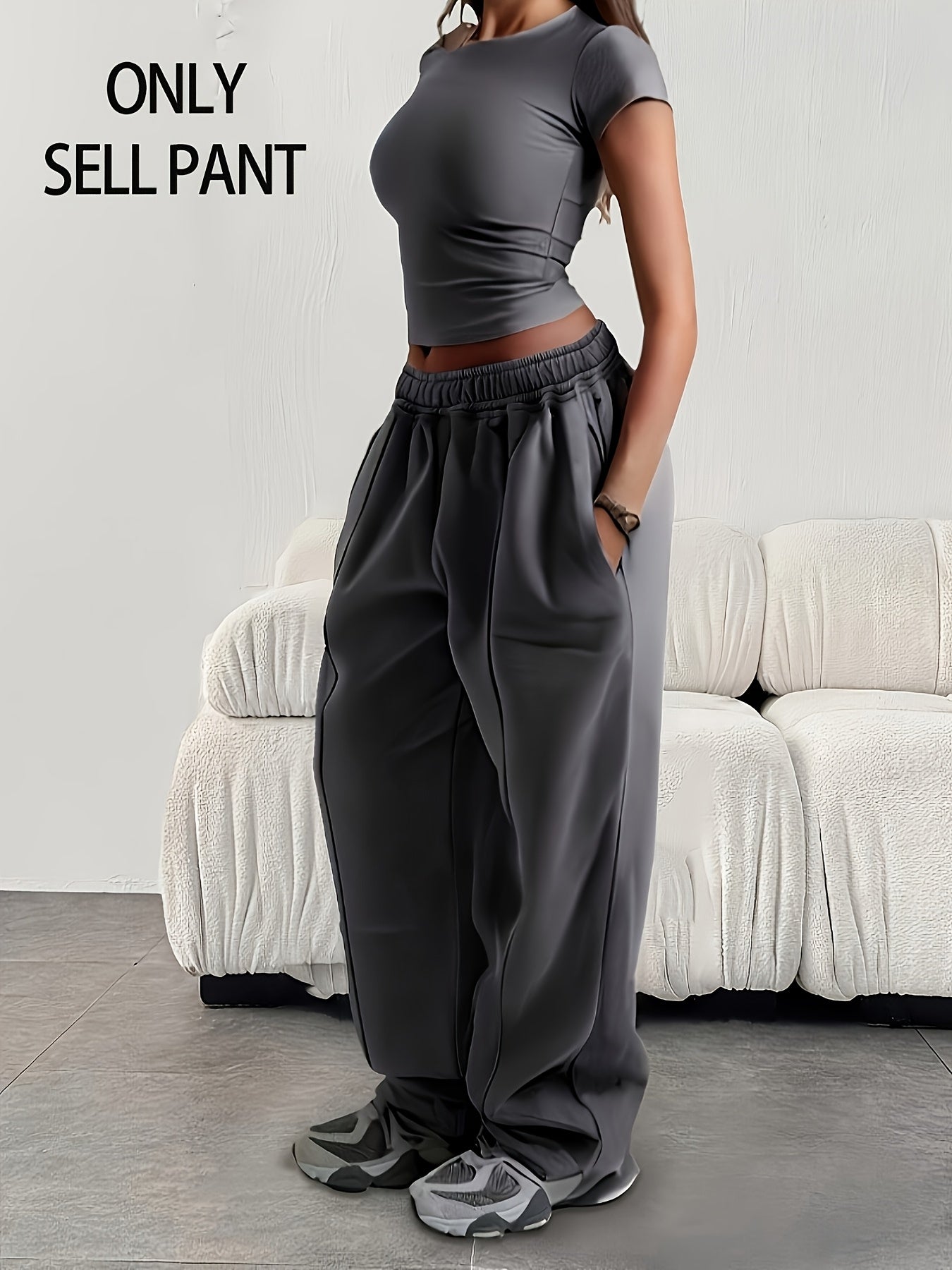 Women'S Casual Loose-Fitting Solid Color Elastic Waist Sports Pants