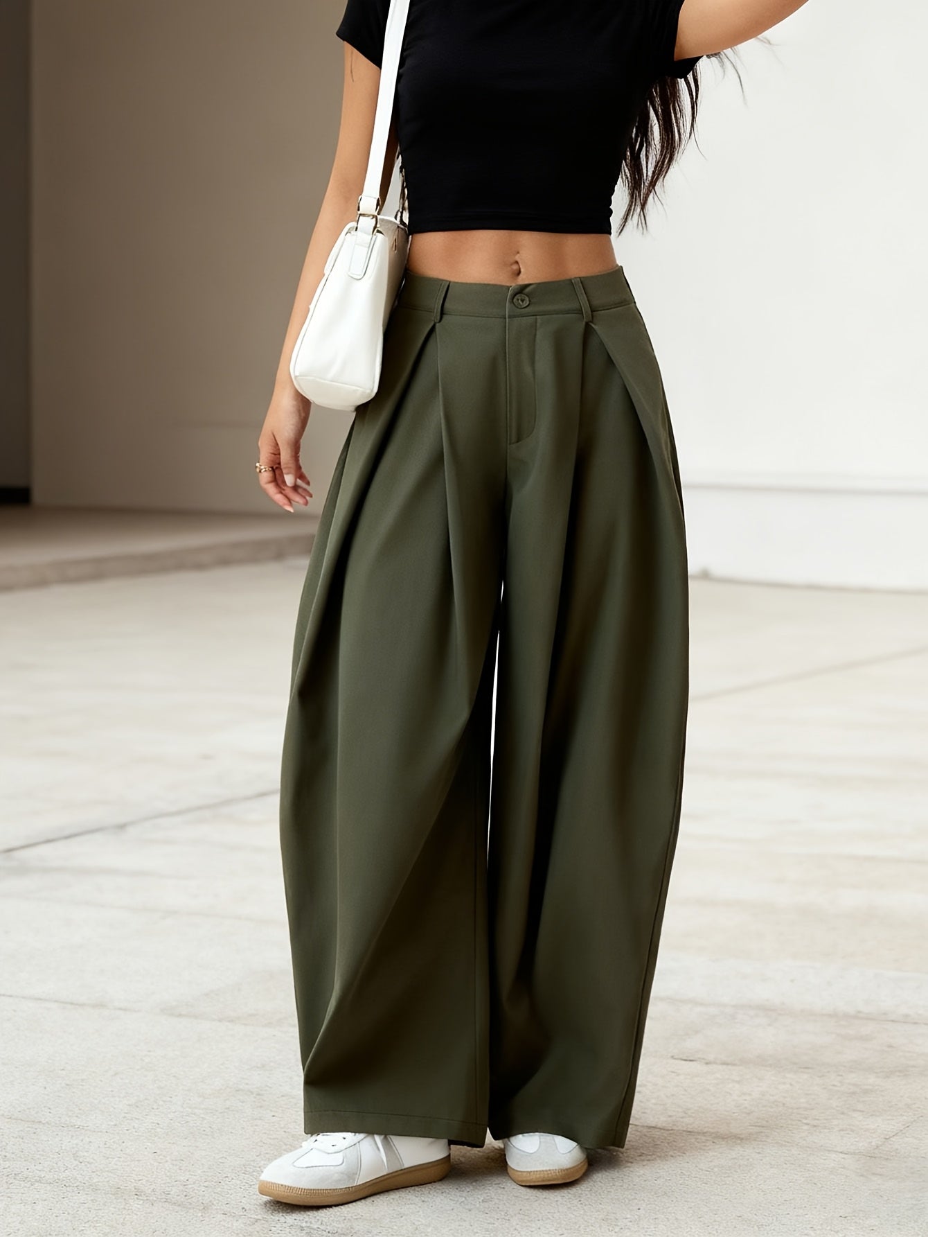 Drapey Loose Fit Wide Leg Trousers Women Mid Rise Pleated Casual Fashion Bottoms for Spring Summer Daily Wear, Office, Travel & Street Style