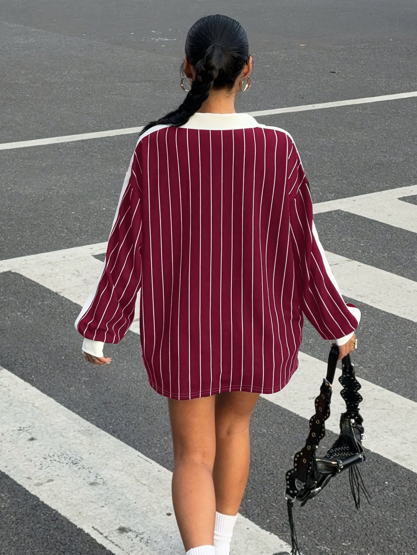 New Loose-Fitting Autumn And Winter Street Style Women'S American Striped Polo Shirt