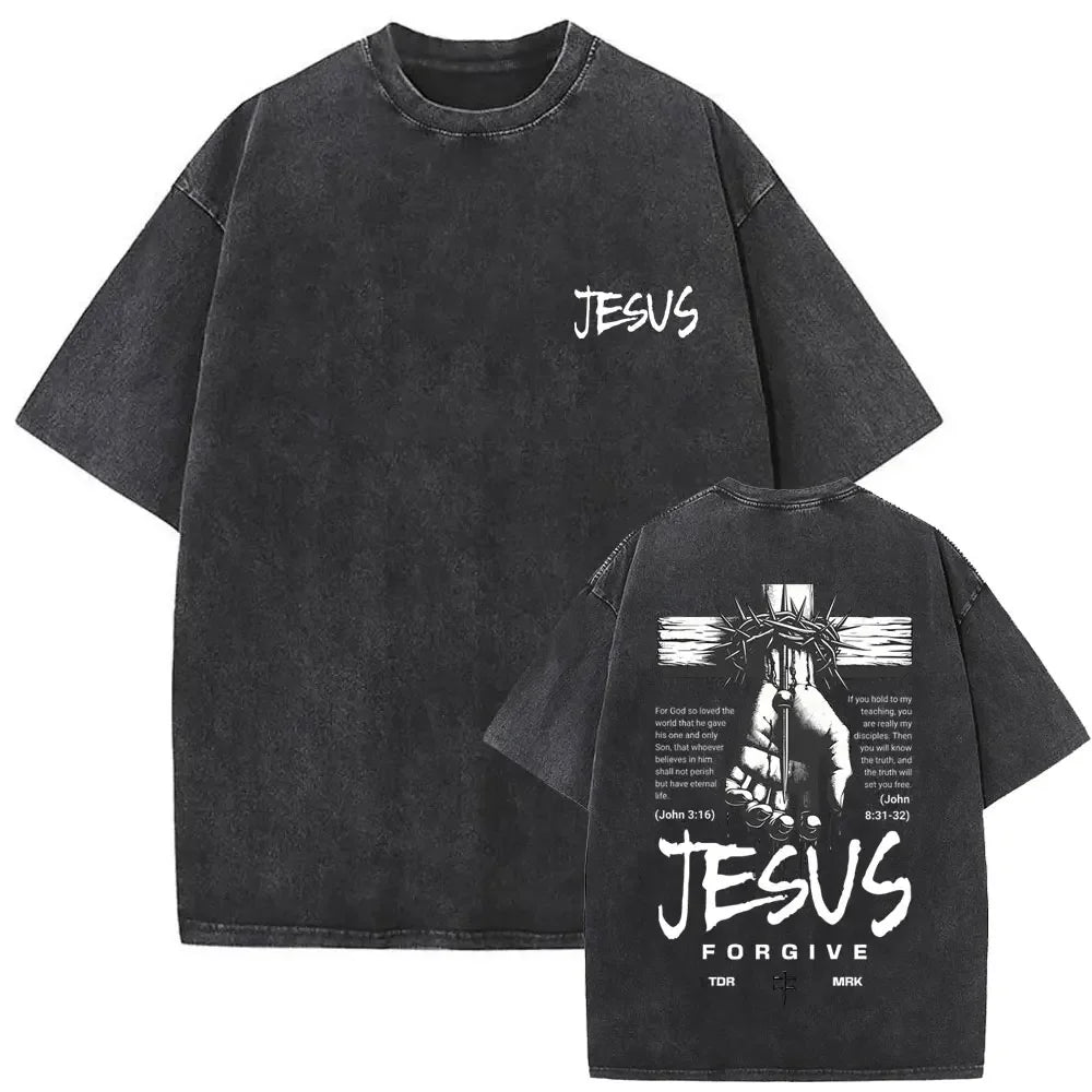 Christian Religious Jesus Forgive Them Father Vintage Washed T-shirt  Men Women Gothic Rock Oversized T Shirts Tops Streetwear