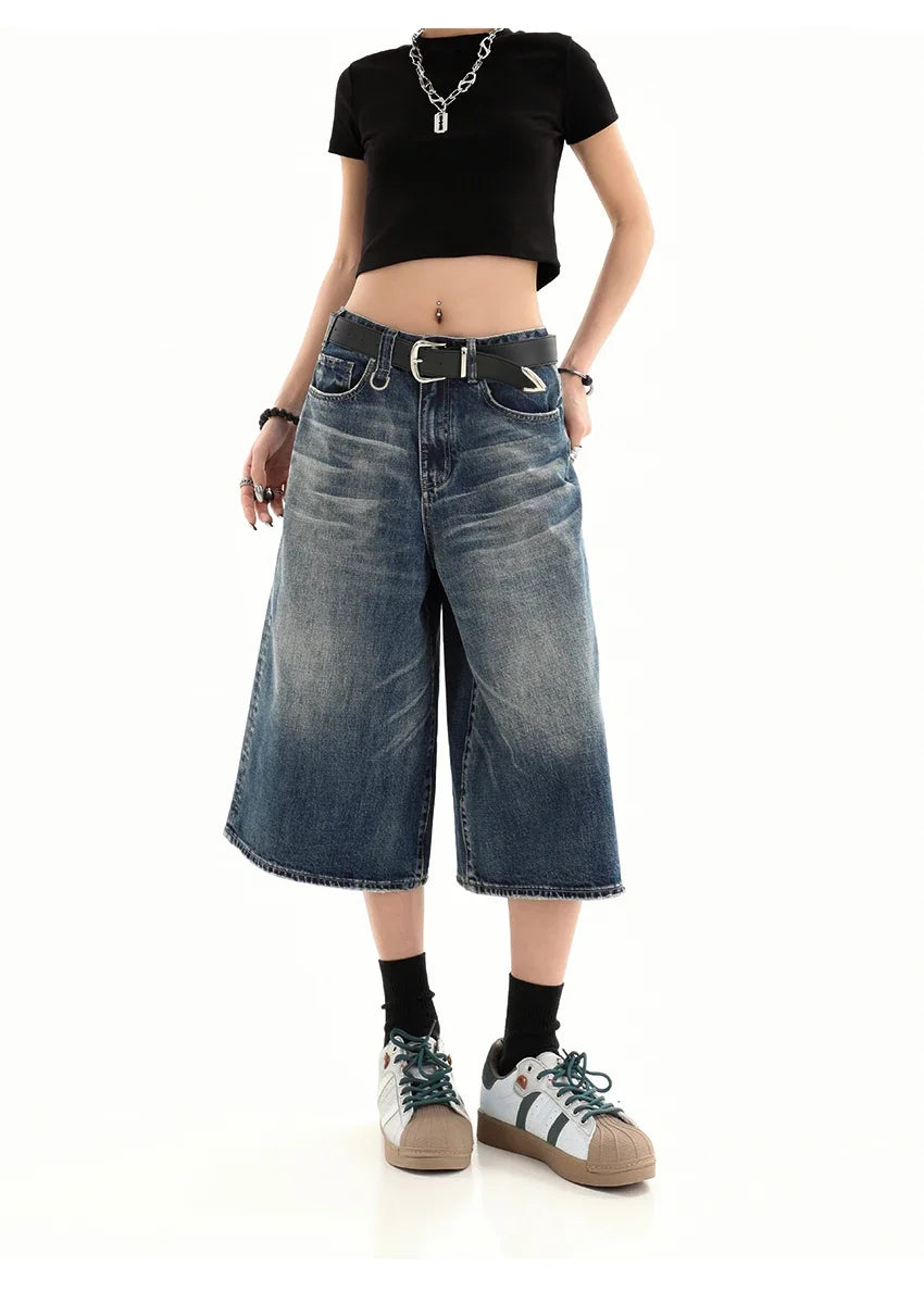 Retro Blue Knee Length Denim Shorts for Women Casual Bermuda Jeans Loose Wide Leg Pants Trendy Streetwear Summer Y2k 2025