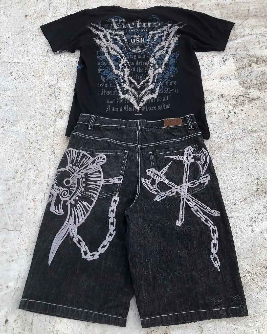 Street Hip-hop Personalized Pattern Fashionable Versatile Jeans Men American Harajuku Retro Casual Loose Straight Shorts Women