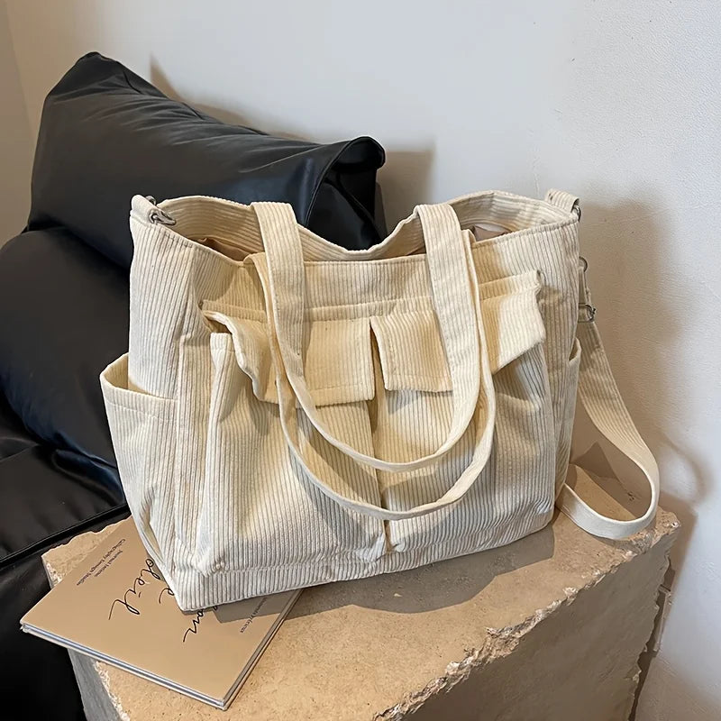 Large Capacity Corduroy Tote Bag for Women Versatile Shoulder Bag with Multiple Pockets Commuter Bag