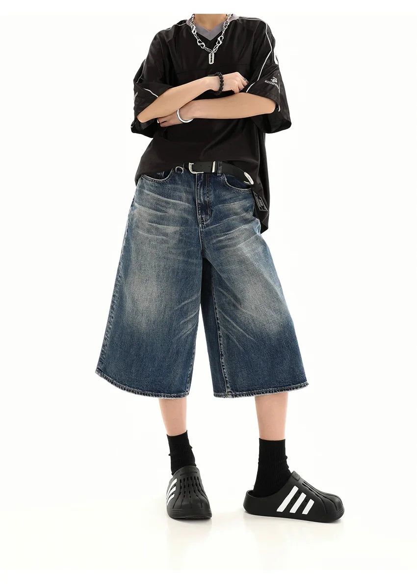 Retro Blue Knee Length Denim Shorts for Women Casual Bermuda Jeans Loose Wide Leg Pants Trendy Streetwear Summer Y2k 2025