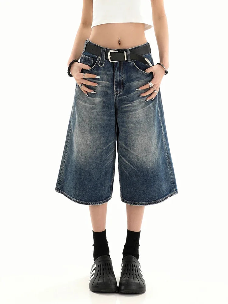 Retro Blue Knee Length Denim Shorts for Women Casual Bermuda Jeans Loose Wide Leg Pants Trendy Streetwear Summer Y2k 2025