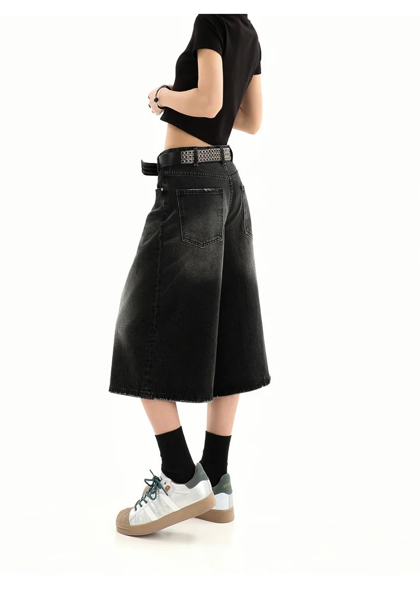 Retro Blue Knee Length Denim Shorts for Women Casual Bermuda Jeans Loose Wide Leg Pants Trendy Streetwear Summer Y2k 2025