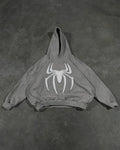 Grey Black Gothic Big Spider Pattern Patchwork Hooded Pullover Y2k Retro Loose Men Women Hip Hop Hoodie Jacket Street Sweatshirt