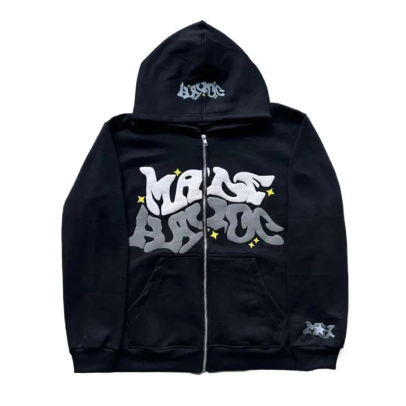 Zipper hooded sweatshirt with retro American letters and stars suitable for men and women  jacket autumn d winter cardigan