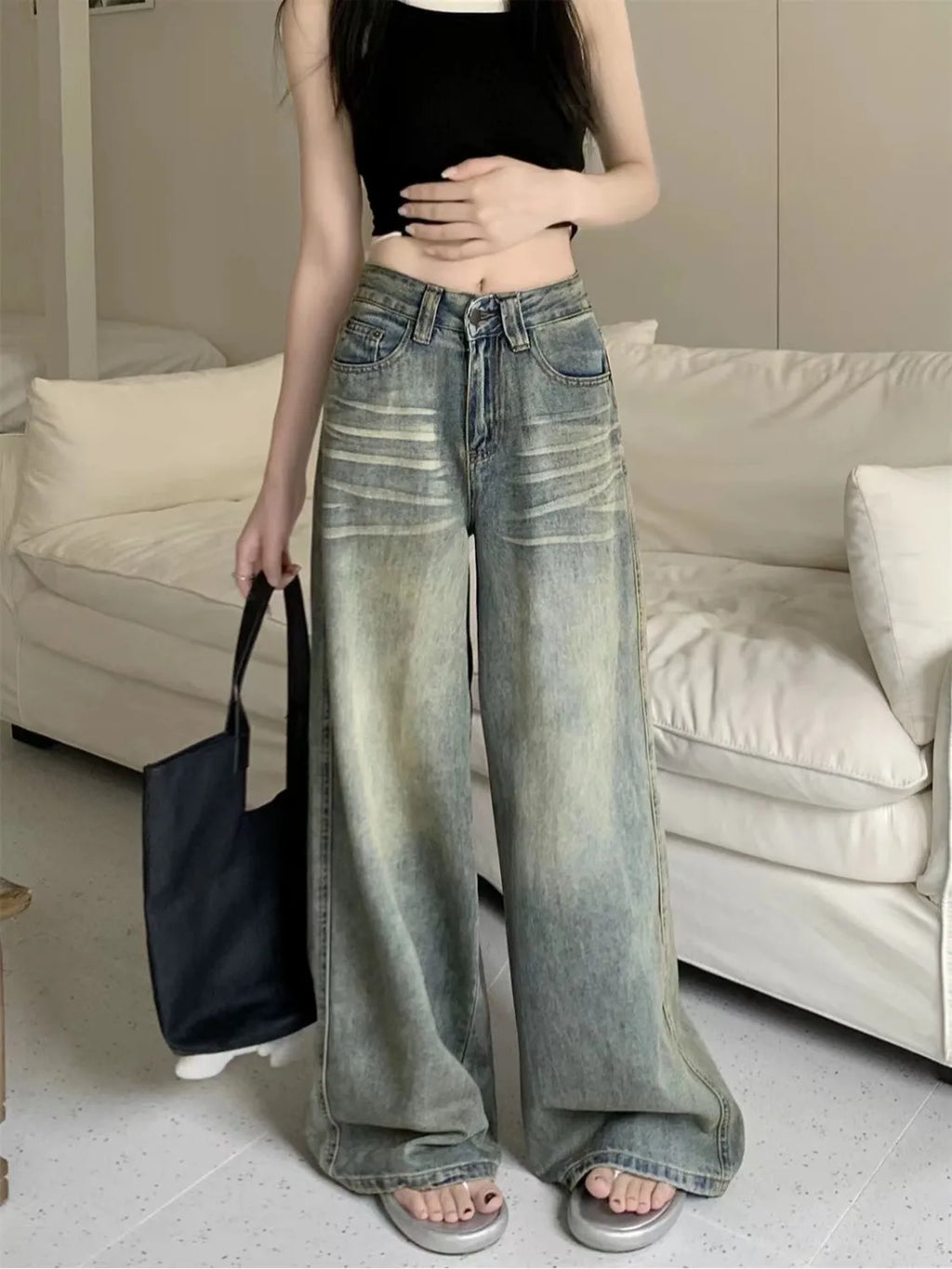 American Style Vintage Blue Wide Leg Jeans Women Y2K Fashion High Waist Baggy Washed Straight Pants 2025 New Casual Loose Jeans