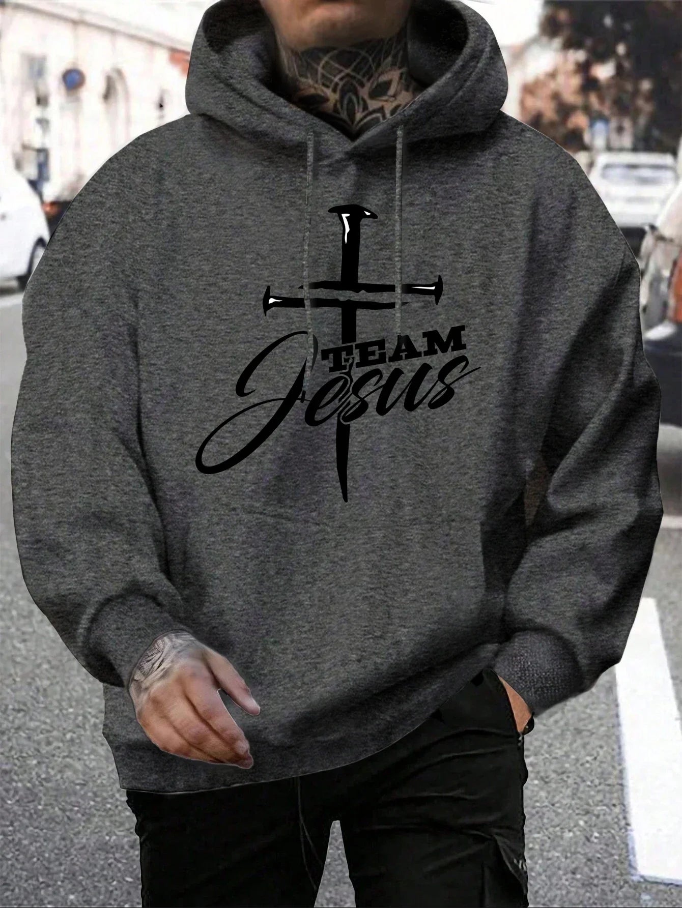 Team Jesus Letter Design Printing Men's Sweatshirt Fashion Warm Hooded Casual Pocket Hoodies Autumn Loose Streetwear