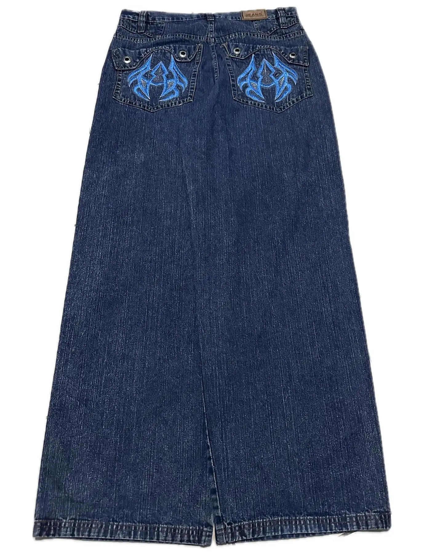 Gothic Retro Pocket Embroidered Jeans Y2K Clothing Harajuku Men and Women Vintage Blue Baggy Jeans Low Waist Wide Leg Pants