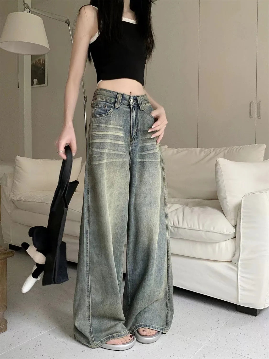 American Style Vintage Blue Wide Leg Jeans Women Y2K Fashion High Waist Baggy Washed Straight Pants 2025 New Casual Loose Jeans