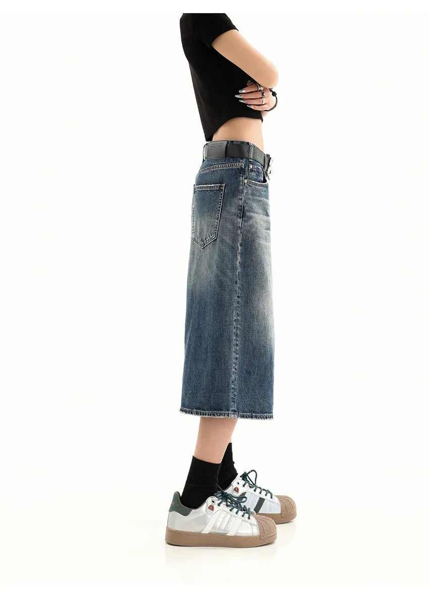 Retro Blue Knee Length Denim Shorts for Women Casual Bermuda Jeans Loose Wide Leg Pants Trendy Streetwear Summer Y2k 2025