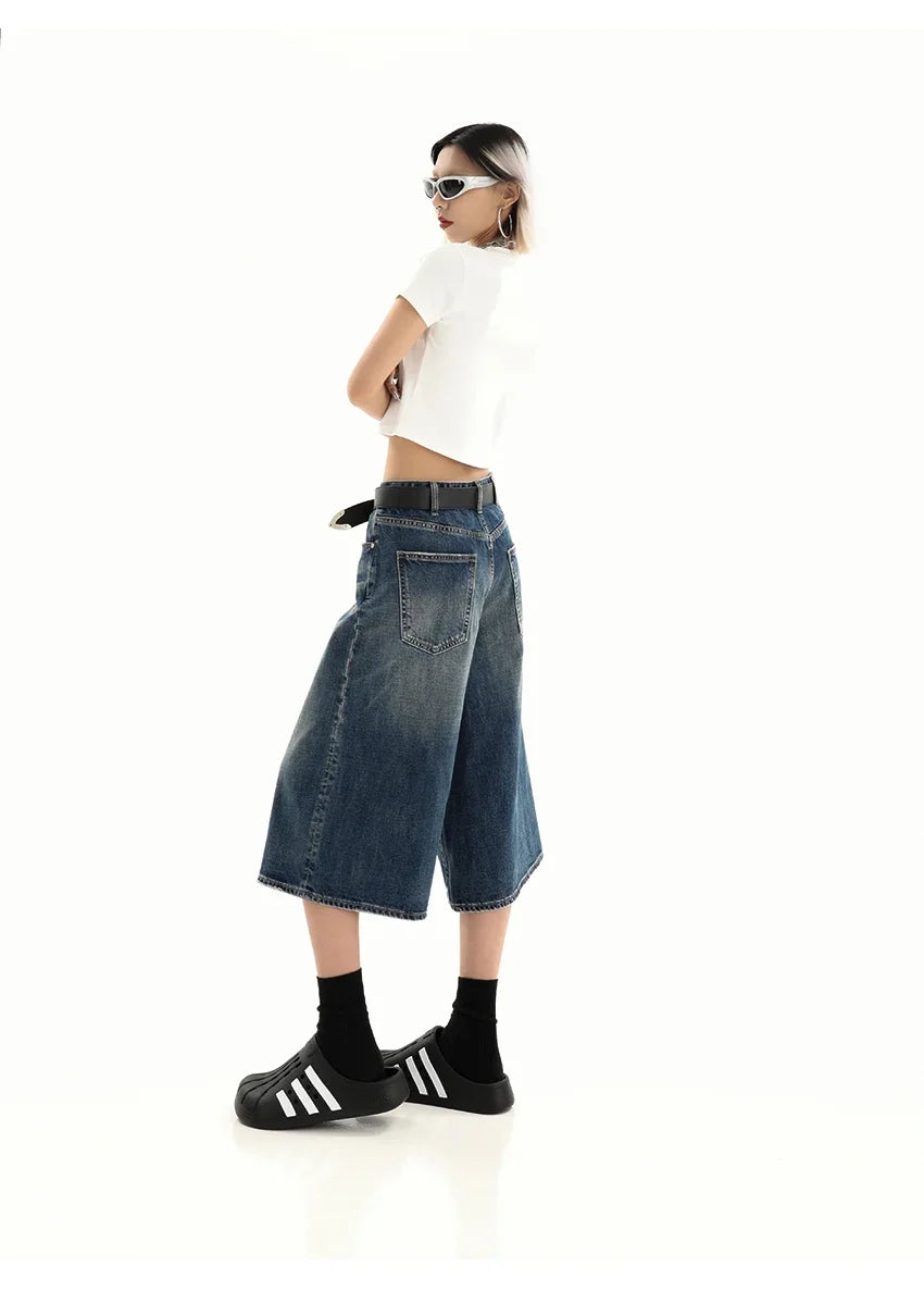 Retro Blue Knee Length Denim Shorts for Women Casual Bermuda Jeans Loose Wide Leg Pants Trendy Streetwear Summer Y2k 2025