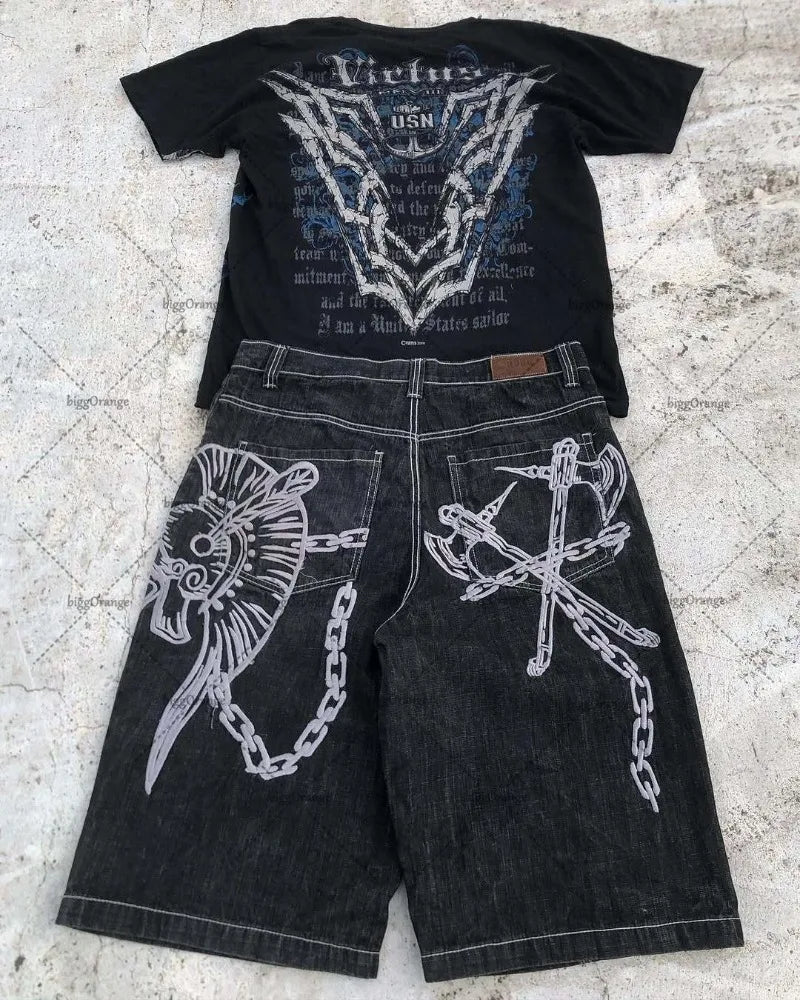 Street Hip-hop Personalized Pattern Fashionable Versatile Jeans Men American Harajuku Retro Casual Loose Straight Shorts Women