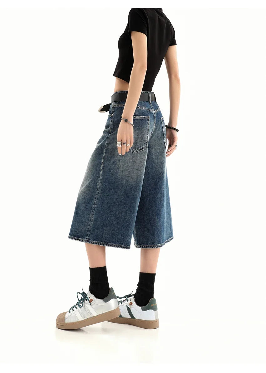 Retro Blue Knee Length Denim Shorts for Women Casual Bermuda Jeans Loose Wide Leg Pants Trendy Streetwear Summer Y2k 2025