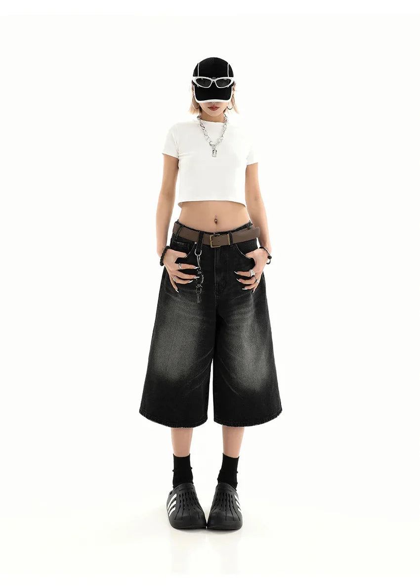 Retro Blue Knee Length Denim Shorts for Women Casual Bermuda Jeans Loose Wide Leg Pants Trendy Streetwear Summer Y2k 2025