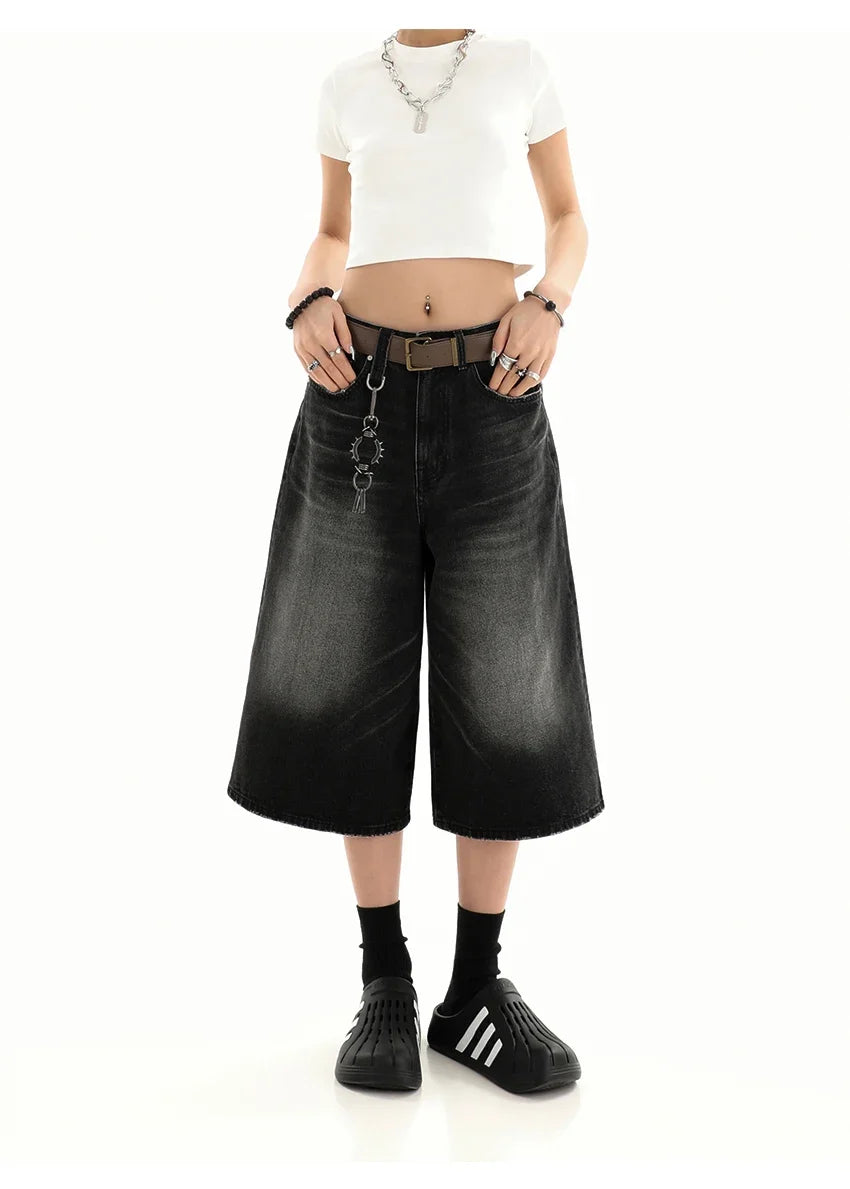 Retro Blue Knee Length Denim Shorts for Women Casual Bermuda Jeans Loose Wide Leg Pants Trendy Streetwear Summer Y2k 2025