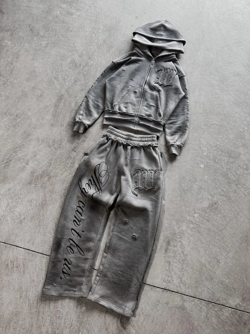 American fashion brand M letter pattern embroidered oversized hoodie men's Y2K streetwear loose Harajuku long sleeved women's