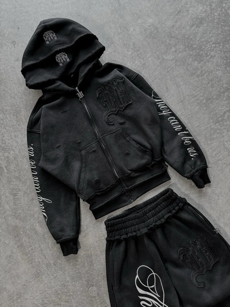 American fashion brand M letter pattern embroidered oversized hoodie men's Y2K streetwear loose Harajuku long sleeved women's