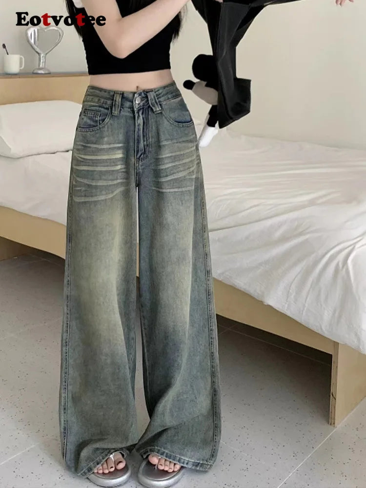 American Style Vintage Blue Wide Leg Jeans Women Y2K Fashion High Waist Baggy Washed Straight Pants 2025 New Casual Loose Jeans
